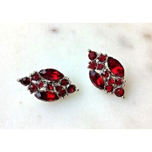 Vintage Red Earrings Rhinestone Clip On Silver Tone Signed Bogoff